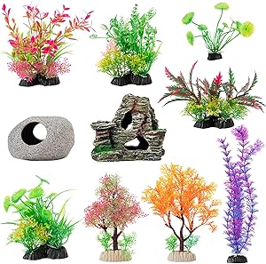 10 Pcs Aquarium Decoration Plants- Artificial Aquatic Plants Fish Tank Plastic Plants and Cave Rockery Set for Household Office Aquarium Simulation