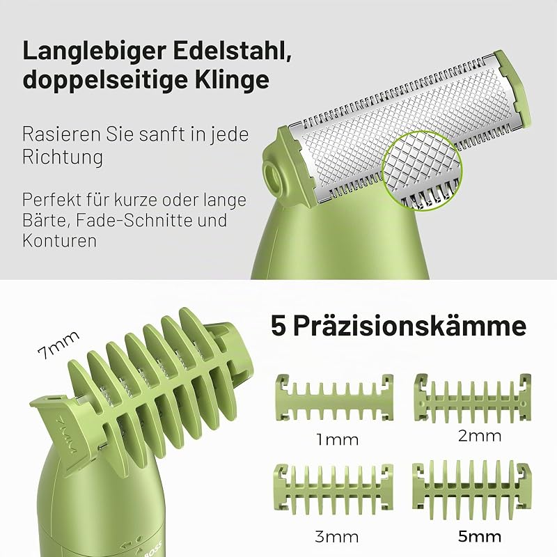 3-in-1 Präzisionstrimmer Herren Bart und Haarpflegeset für Männer, Körperpflege, Nasen- und Ohrentrimmer, wiederaufladbarer kabelloser Rasierer (Grün)