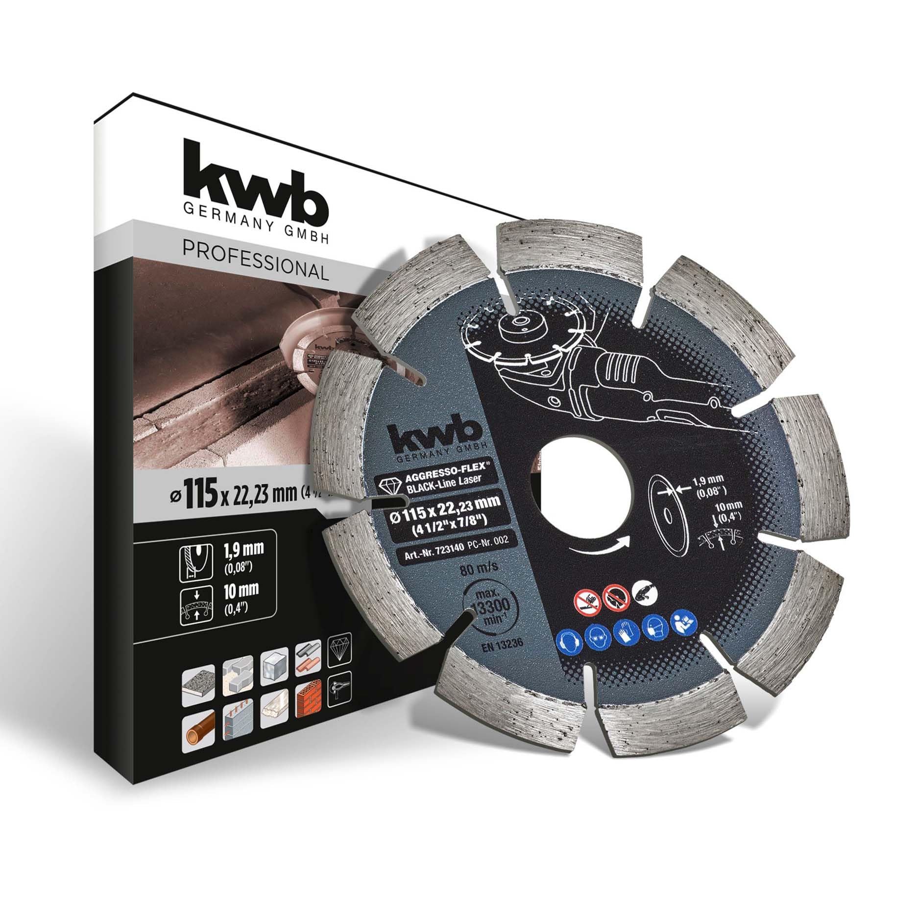 kwb Aggresso-Flex® Black-Line Diamond Cutting Disc Ø 115 Mm With Segmented, Laser-Welded Turbo Rim, Sintered, With 22.23 Mm Bore and Long Service Life