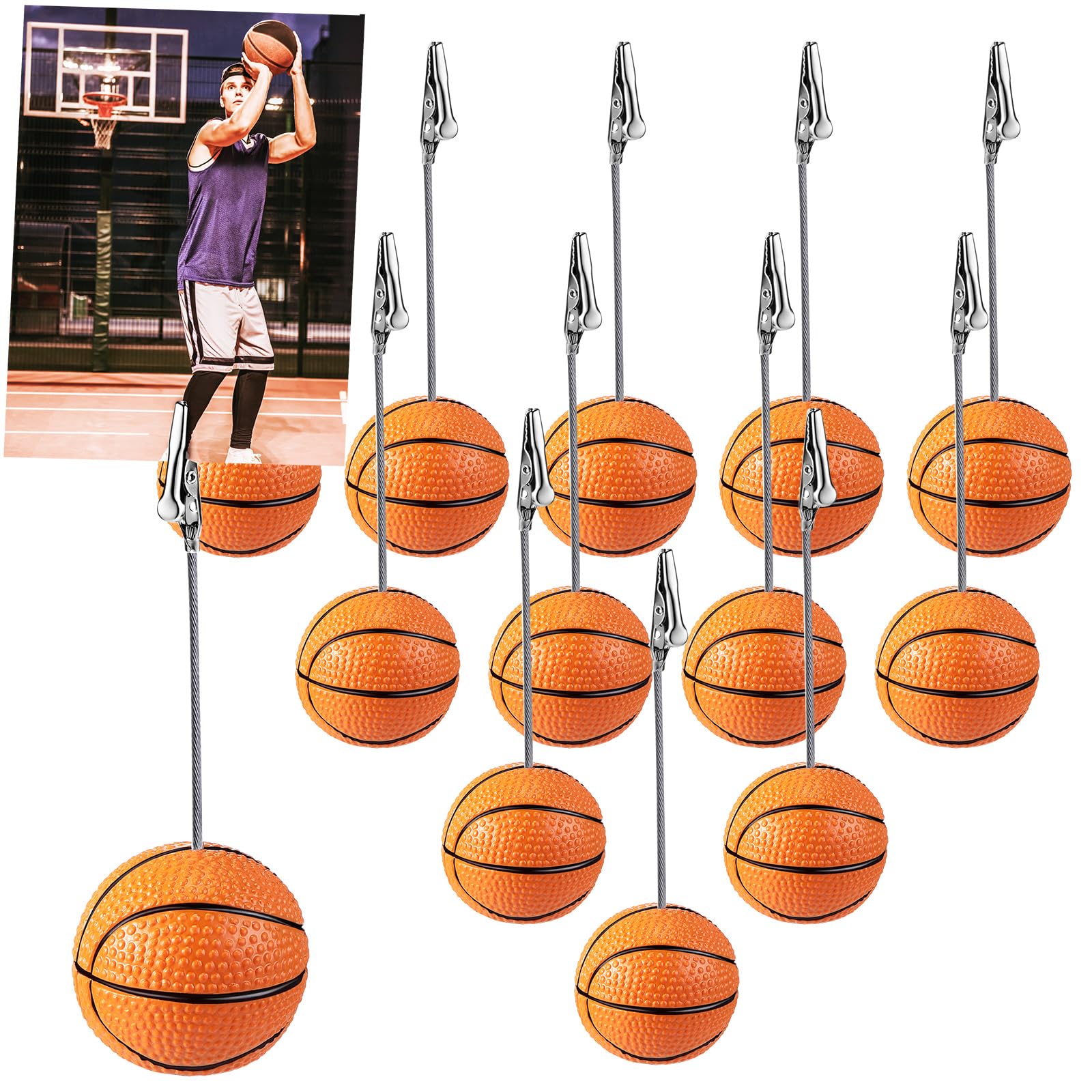Photo 1 of Jetec 12 Pcs Resin Sports Ball Base Memo Clips with Alligator Wire Table Number Card Place Holders Photo Stand for Office Menu Wedding Party Events Decoration(Basketball)