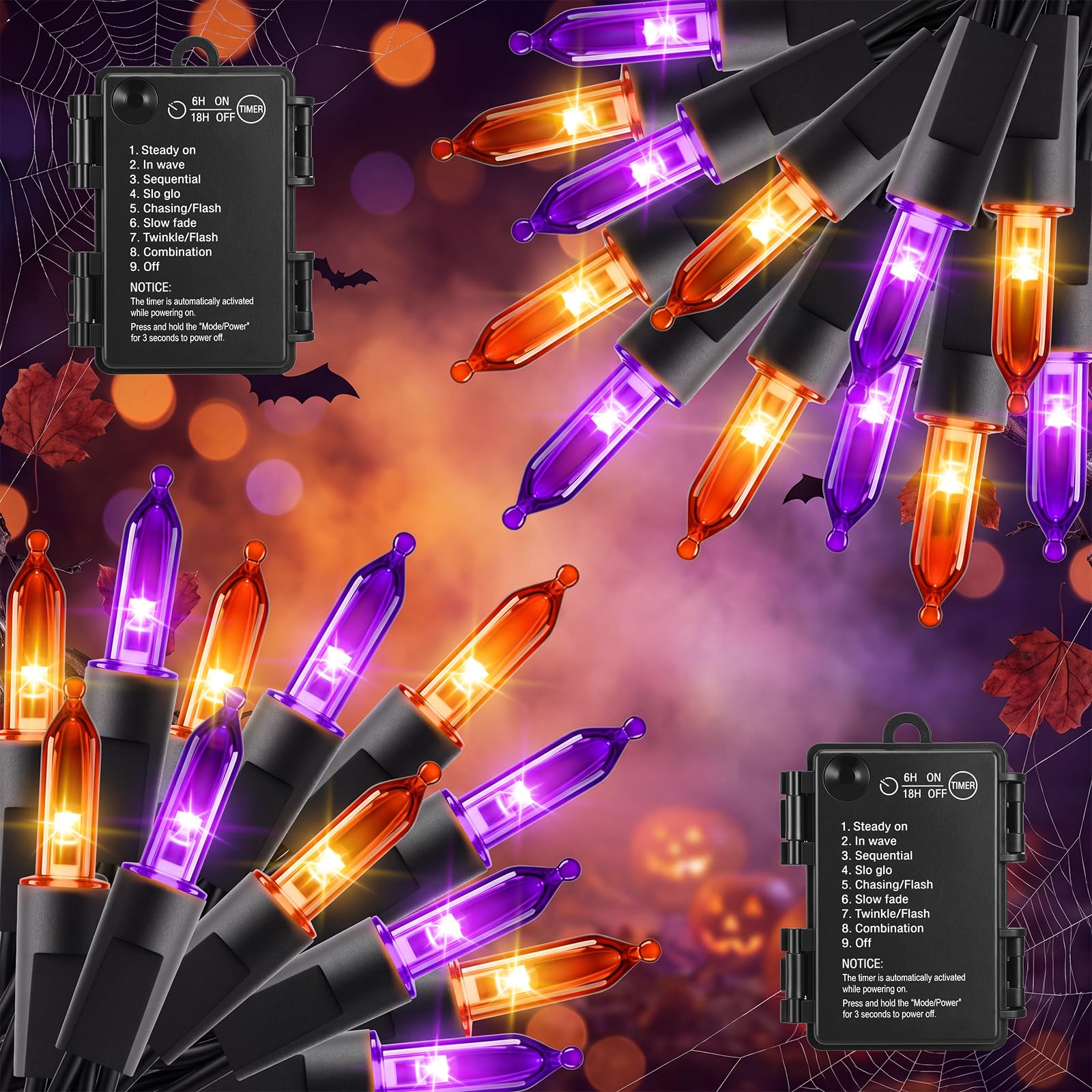 Orange Purple Halloween String Lights, 2Pack 100LED 35.6FT Battery Operated | Halloween Twinkle Lights with 8 Lighting Modes,