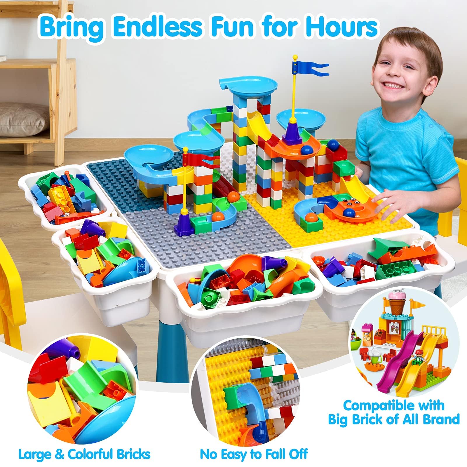 Kids Activity Table Toddlers Kids Table and Chair Set with 152Pcs Large Marble Run Building Blocks All in One Kids Play Water Tables Sand Tables, STEM Toys for Boys Girls 3 4 5 6 Year Old