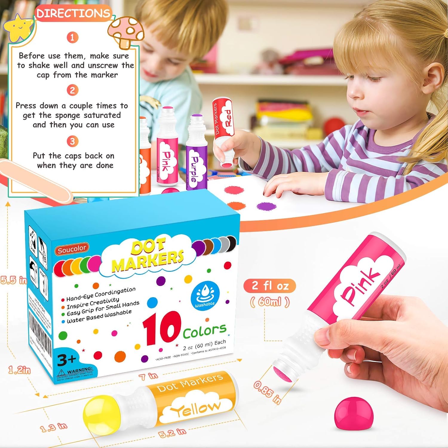 Washable Dot Markers for Toddlers Kids Preschool, 10 Colors 2 oz Kids Markers Set with 48 Pages Tearable Activity Book for Toddler Arts and Crafts Kits Supplies, Non-Toxic Water-Based Paint Dauber: Office Products