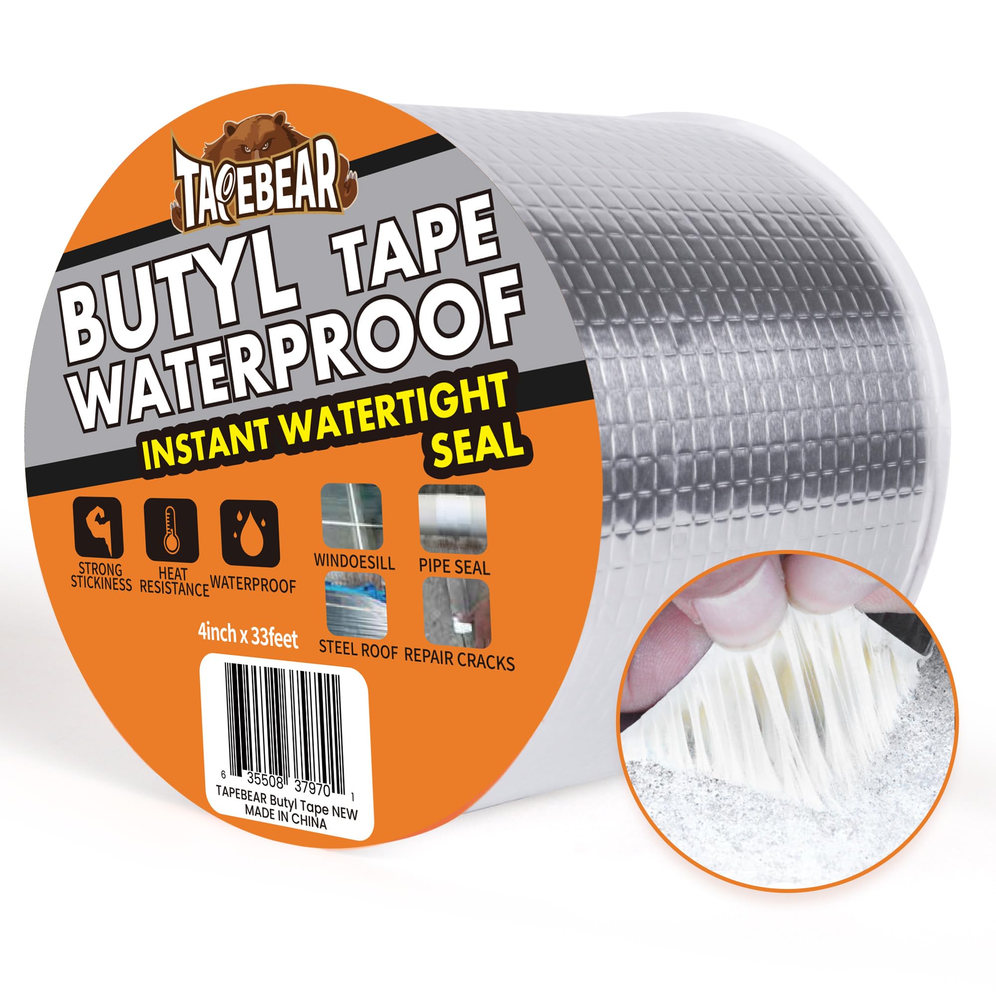 TAPEBEAR 100mm x 10m Butyl Tape Waterproof Sealant Tape, Aluminum Foil Duct Sealing Tape for RV Roof Repair, Boat and Pipe Sealing, Silicone, Glass & EDPM Roof Leak Patching, Silver