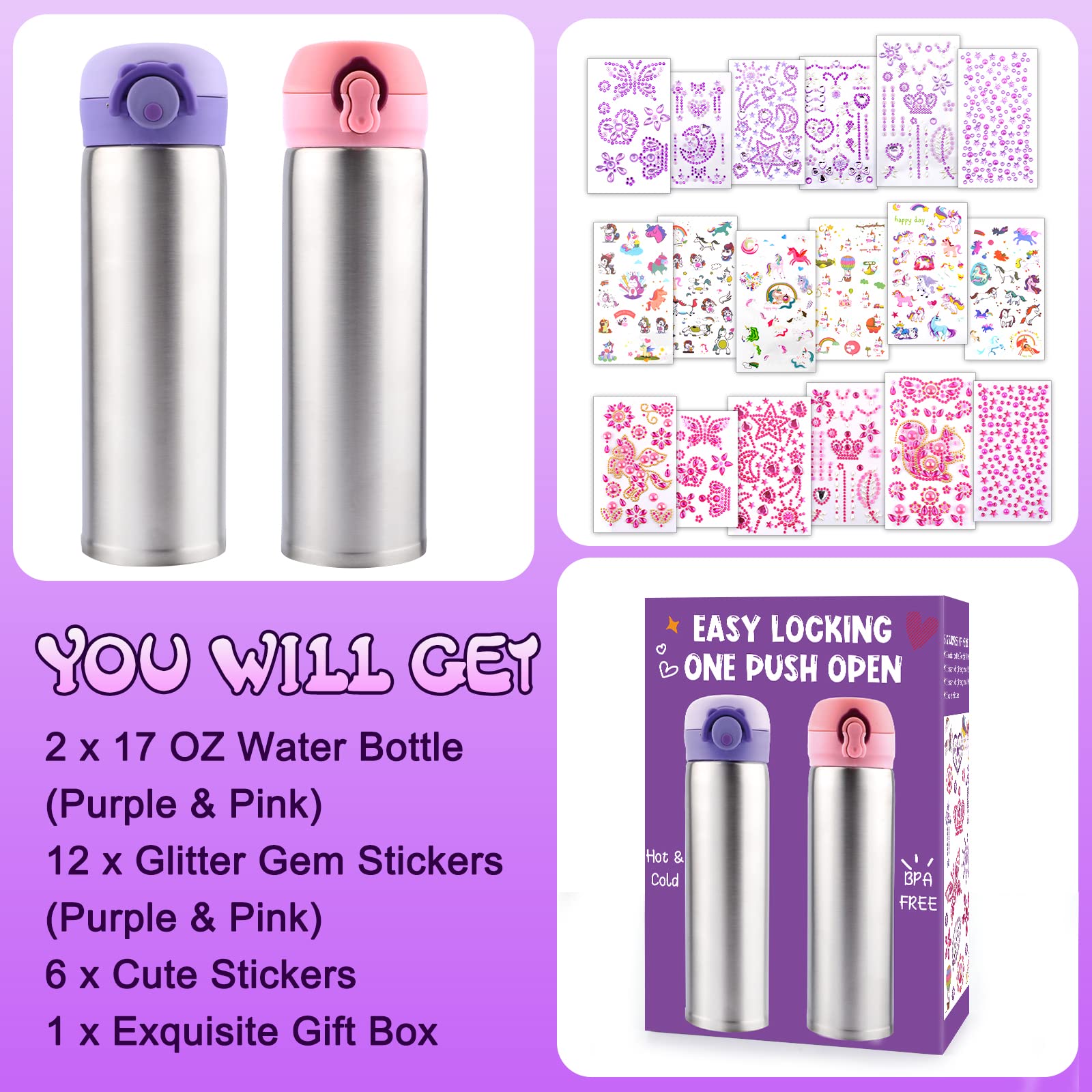 Decorate Your Own Water Bottle Kits for Girls 4 5 6 7 8 9 10 Year Old, Birthday Gifts for Kids with 18 Sheets of Glitter Gem Stickers, DIY Art & Craft for Girls Ages 4-12, School Supplies for Girls