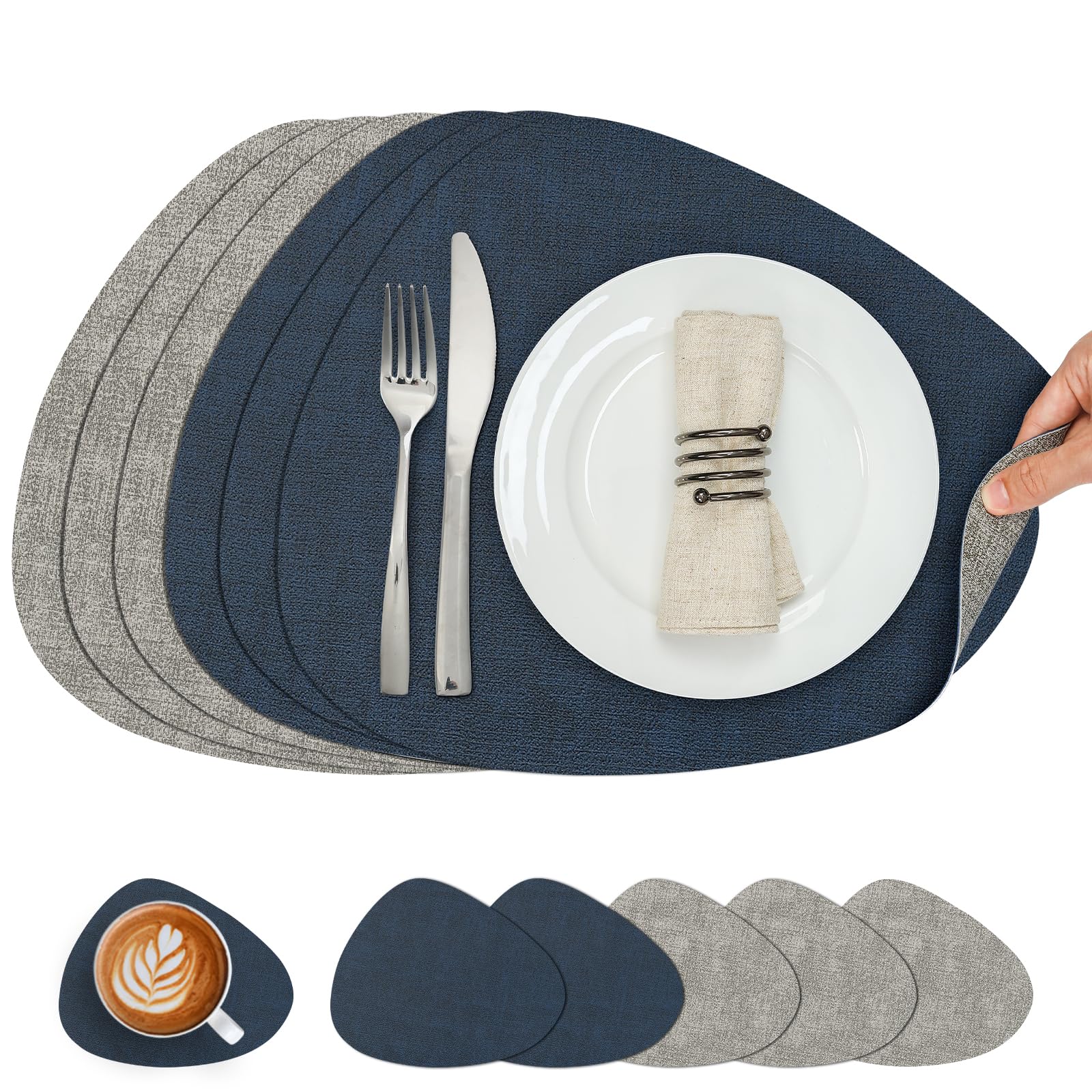 Chitomars Placemats and Coaster Set of 6, Place Mats Table Mats Coffee Mats Placemats set of 6 Triangle Waterproof Wipeable Dual Sided Kitchen Heat Resistant Non-Slip Washable