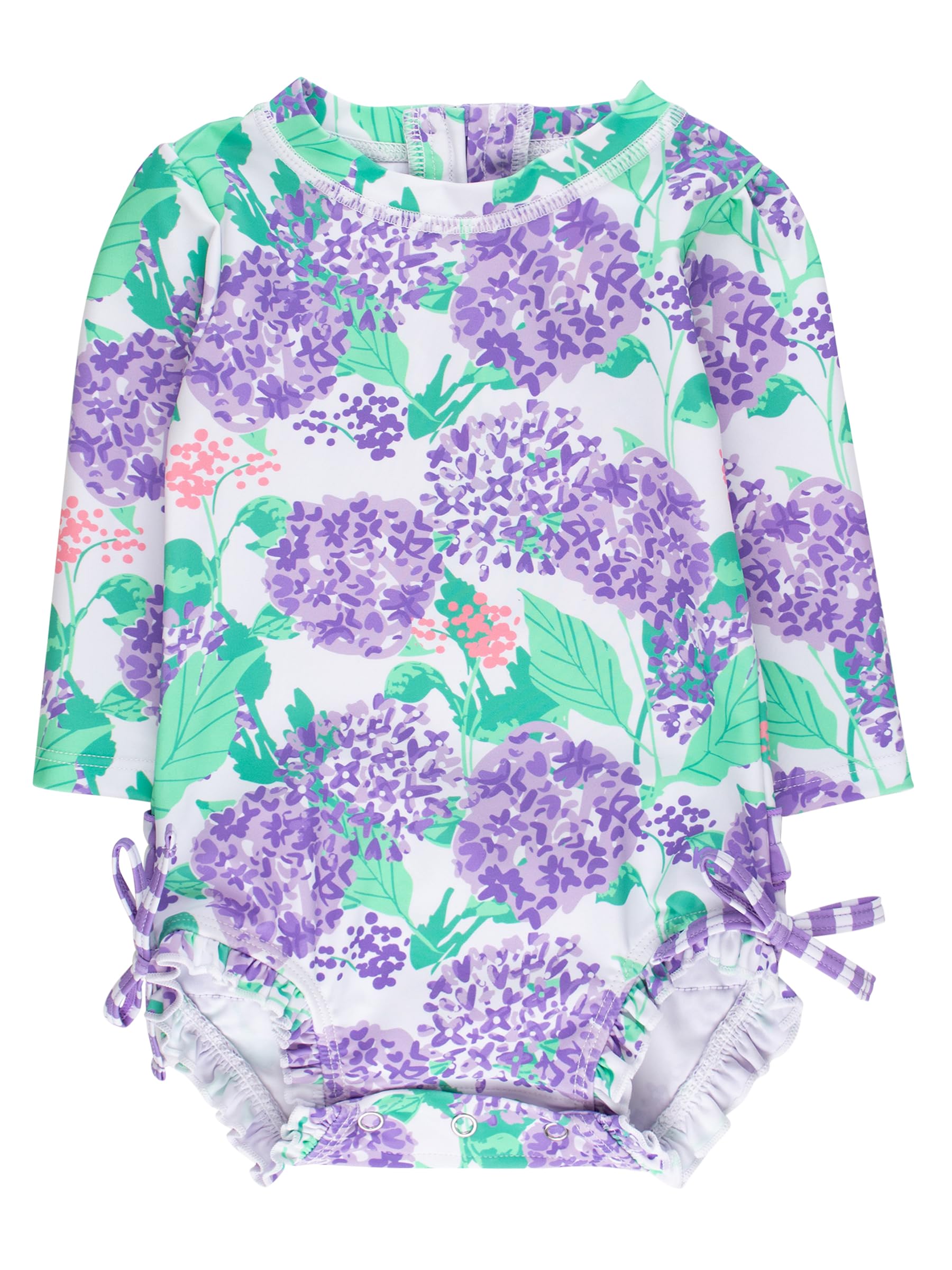 RuffleButts Baby Girls UPF 50+ Sun Protection Floral Printed Long Sleeve One Piece Rash Guard Swimsuit with Zipper - Purple Hydrangea Garden, 0-3m Image