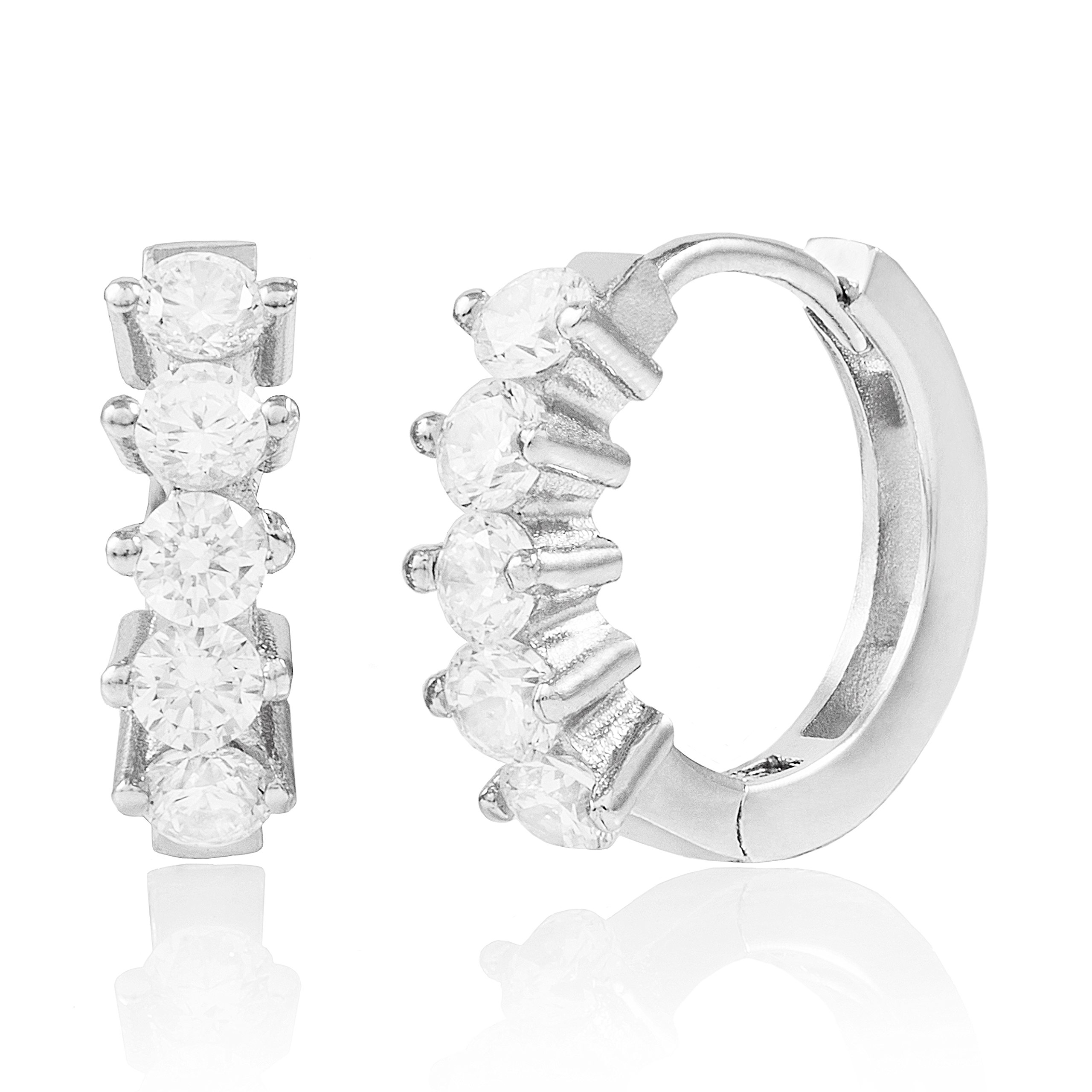 Rhodium Plated Sterling Silver Cubic Zirconia 2-Prong Set Huggie Hoop Earrings