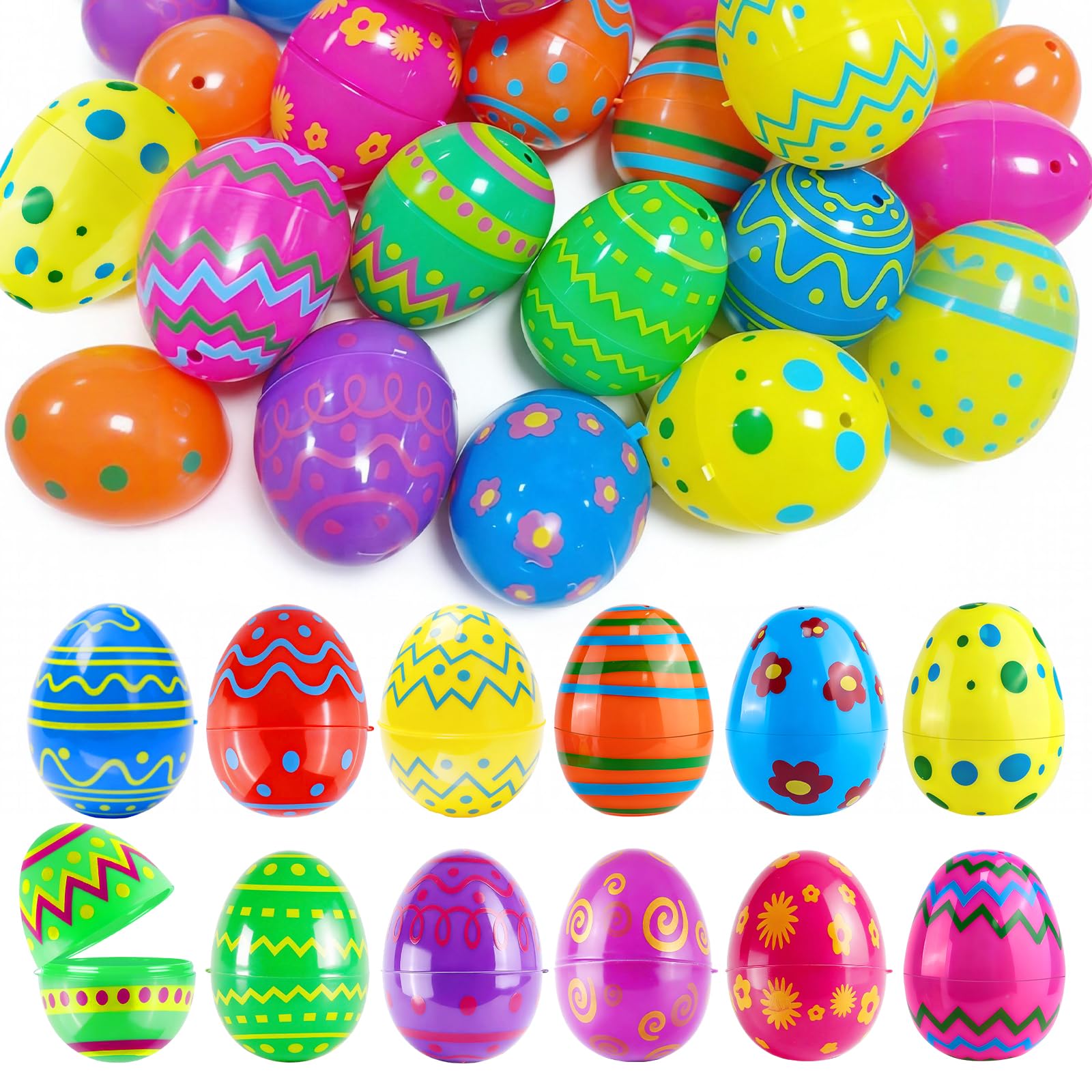 Upgwmwap 50 Pcs Plastic Easter Eggs, Empty Plastic Eggs to Fill (2.36 in), 12 Colors and Patterns, Colorful and Vibrant, Suitable for Easter Scavenger Hunts