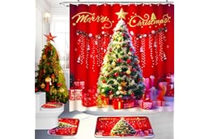 YOKYHOM Christmas Shower Curtain Set, 4 Pcs Bathroom Sets with Shower Curtain and Rugs, Incl 71'' x 71'' Shower Curtain 12 Hooks, Non Slip Bath Mats, Toilet Lid, Oval Rug. Christmas Tree Decor