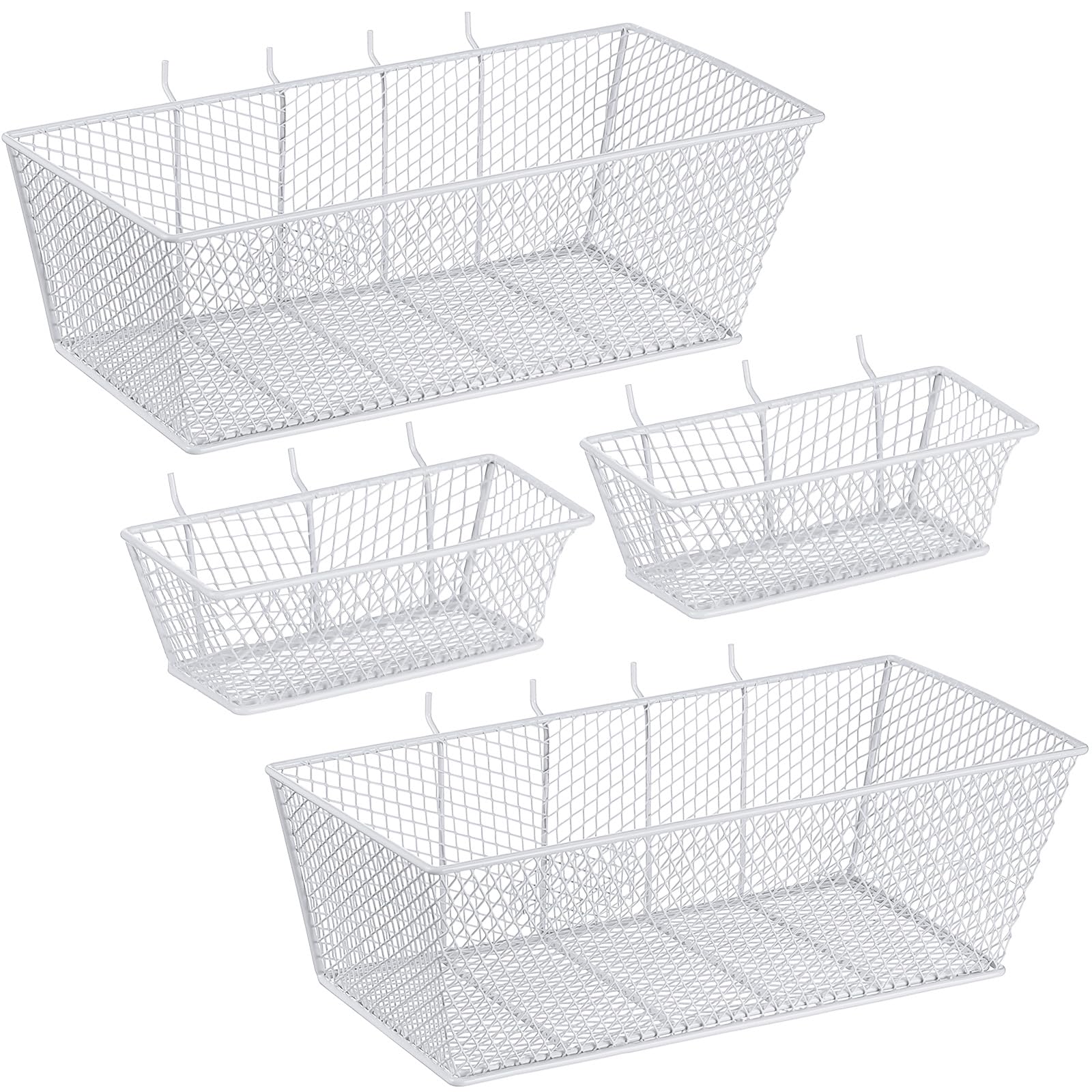 Photo 1 of Sieral 4 Pcs Pegboard Baskets Metal Wire Shelf Baskets Peg Board Organizer Accessories Wall Mount Organizer Attachments for Garage Workbench Various Tool Accessories, 2 Sizes (White,Small, Large)