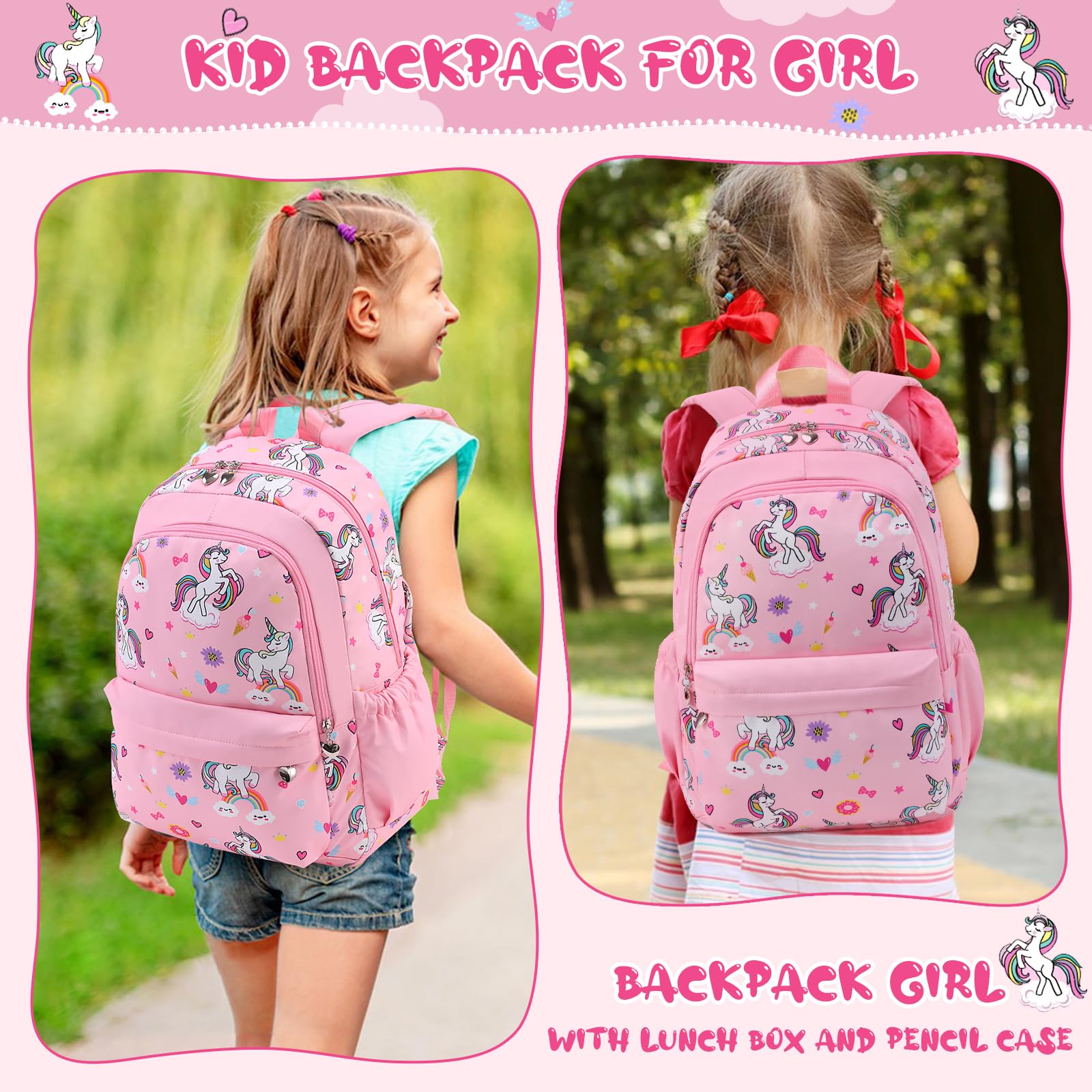 Backpack for Girls, Kids Unicorn Backpack Set, Elementary Primary Middle School Bookbag with Lunch Box and Pencil Case, Pink (Unicorn)