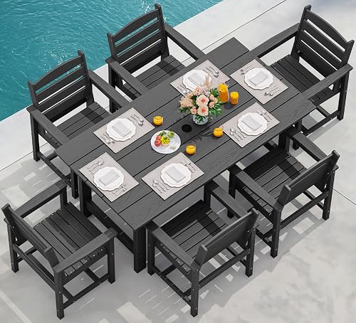 SERWALL 7 Pcs Outdoor Dining Set, 67" HDPE Dining Set for 6, Black | Outdoor Dining Furniture with Rectangular Table & 6 Chairs, All-Weather Resistant Dining Set
