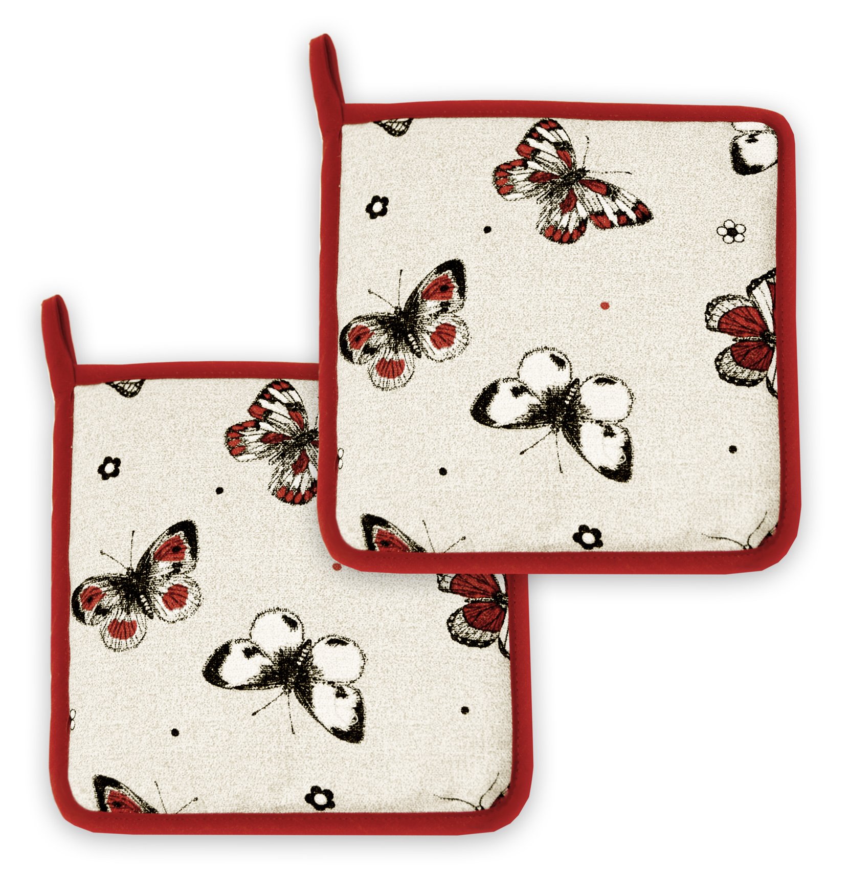 Lashuma® Red Butterfly Decorative Kitchen Collection – Table Cloth, Runner, Apron, Oven Mitt, Pot Holder, Placemat Bread Basket Cushion, Tea Towel, beige/red, Topflappen