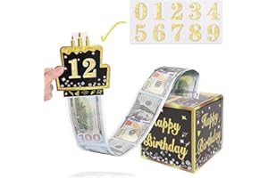 Happy Birthday Money Box Gift with DIY Sticker for Any Age: LOUXIFENG Black Gold Surprise Birthday Money Pull Box for Cash Gift with Birthday Card & Bags, A Fun Way to Gift Cash for Birthdays