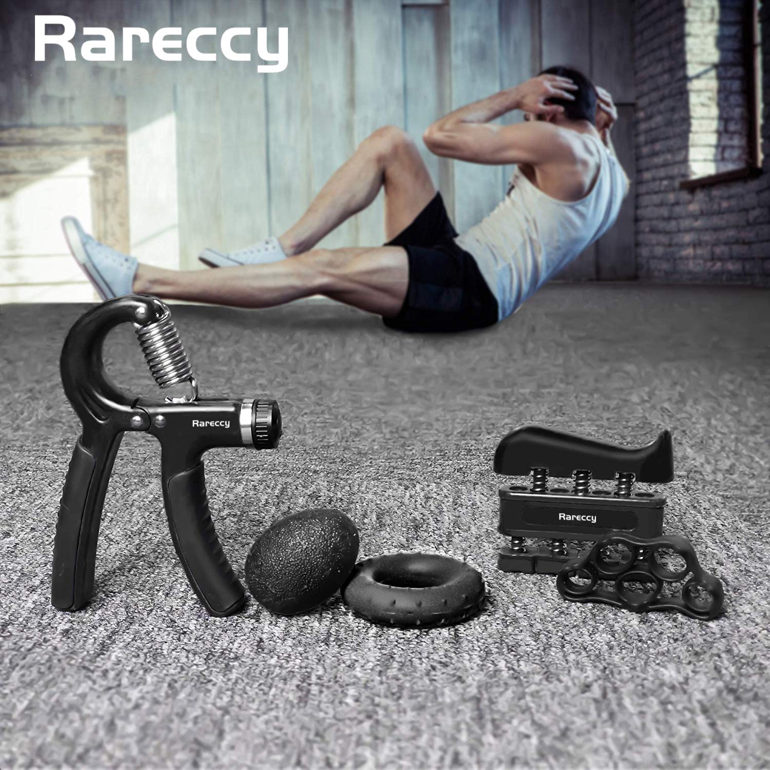 Rareccy Hand Grip Strengthener Workout Kit 5 Pack, Hand Grip Exerciser Set, Including Adjustable Resistance Hand Gripper + Finger Exerciser + Finger Stretcher + Stress Relief Grip Ball + Grip Ring