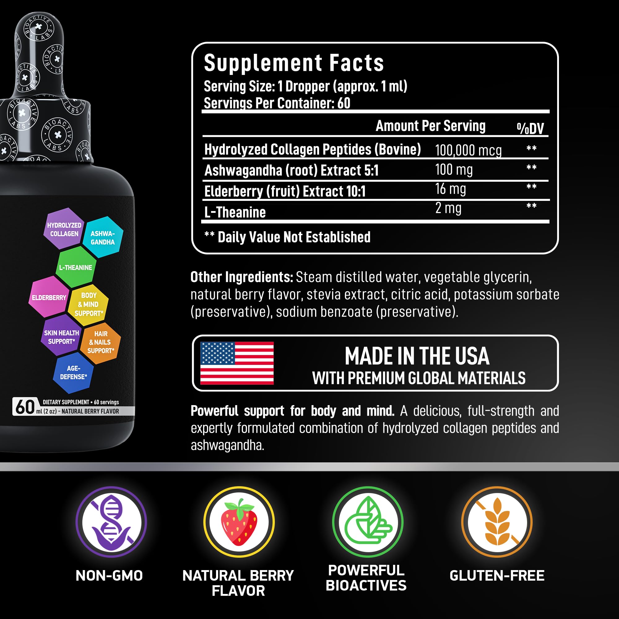 BIOACTIVE LABS Liquid Collagen with Ashwagandha and Vegan Iron Supplements with Folic Acid Female Health Support Bundle