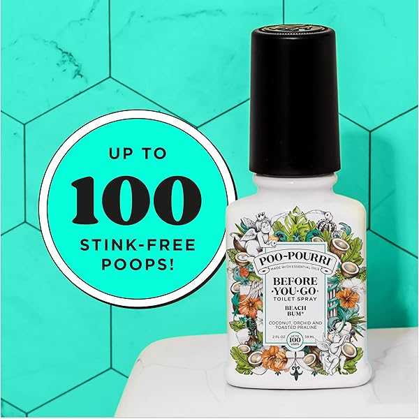 POO-POURRI BEFORE-YOU-GO TOILET SPRAY, BEACH BUM, 2 FL OZ, UP TO 100 USES, BATHROOM ODOR DEODORIZER WITH ESSENTIAL OILS FOR HOME OR WORK, TRAVEL ESSENTIALS, TSA APPROVED SIZE, COCONUT, ORCHID SCENT