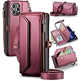 Strapurs Wallet Case Compatible with iPhone 13 Pro Max RFID Blocking 10-Card Holder Soft PU Leather Magnetic Snap Shoulder Strap Zipper Pocket Phone Case Fit for iPhone 13 Pro Max - Wine Red