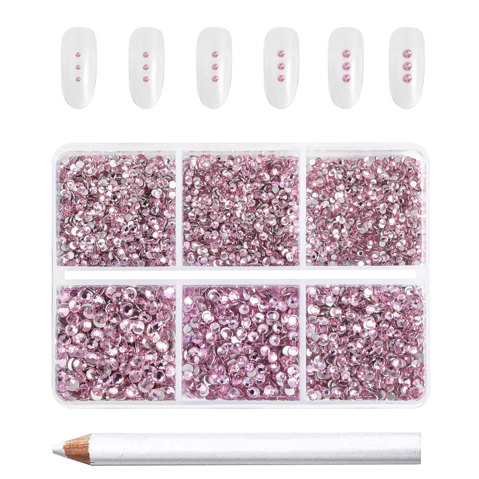 Beadsland 7200 Pcs Flatback Rhinestones for Nails,Pink Round Small Crystal Glass Rhinestones Gems for Crafts,Mixed 6 Sizes with Wax Pencil Kit,SS3-SS10,Light Rose/Light Pink