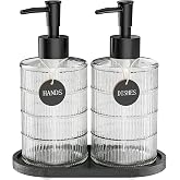 MASADI Soap Dispenser Set with Bamboo Tray, Dish and Hand Soap Lotion Dispenser Set with Wooden Pump for Kitchen and Bathroom Decor for Counter, Modern Vintage Liquid Soap Dispensers (Clear&amp;Black)