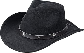 Western Cowboy Hat For Men & Women - Black Felt Fedora With Wide Brim & Pull-On Closure