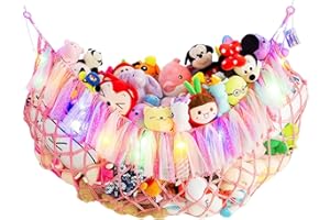 AMDERMI Jumbo Toy Hammock for Stuffed Animal Net Boho Macrame Toy Hammock with Led Light Stuffed Animal Storage Ideas Plush Toy Display Squishmallow Holder Net-Pink