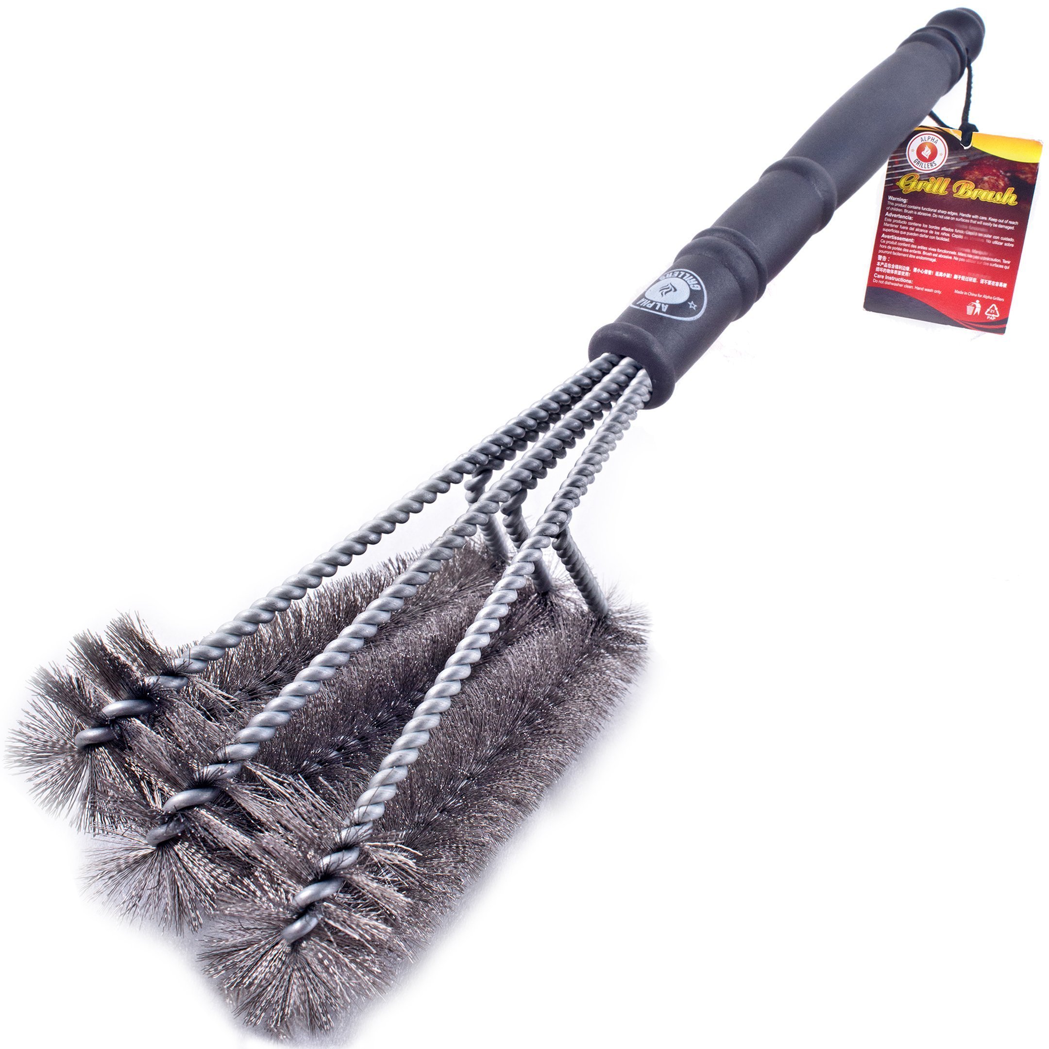 Alpha Grillers 18" Grill Brush. Best BBQ Cleaner. Safe for All Grills. Durable & Effective. Stainless Steel Wire Bristles and Stiff Handle. A for Barbecue Lovers.