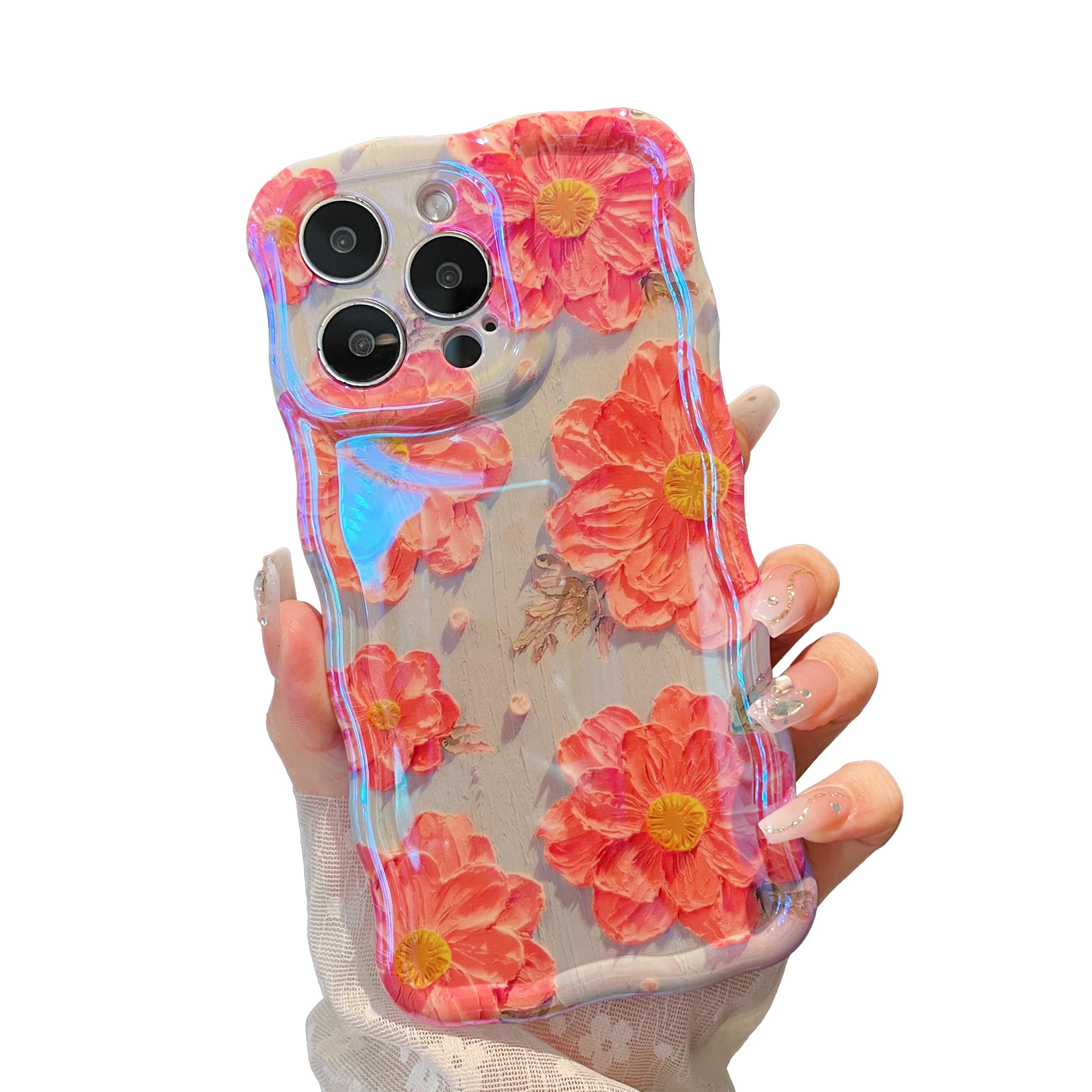 XIZYO Colorful Retro Oil Painting Flower Case for iPhone 14 Pro, Curly Wave Frame Laser Glossy Cute Floral Aesthetic Phone Case, Girls Women Slim Soft TPU Shockproof Cover, Pink Flower/Green