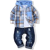 Renotemy 3PCS Toddler Boy Clothes Winter Fall Outfits Flannel Plaid Hoodie Sweatshirt White T-Shirt Jeans Sets for 2-7Y Boys