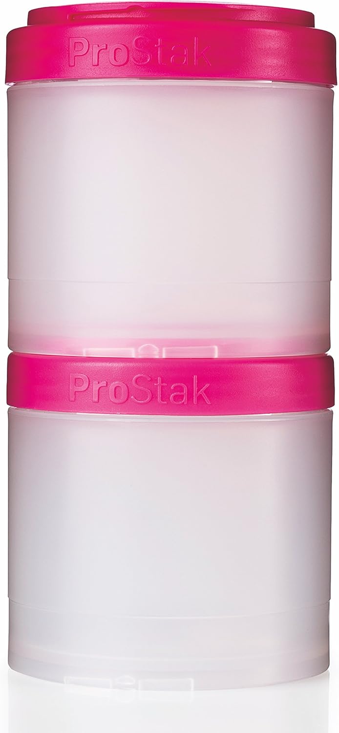 BlenderBottle ProStak Twist n' Lock Storage Jars Expansion 2-Pak with Pill Tray, Clear/Pink