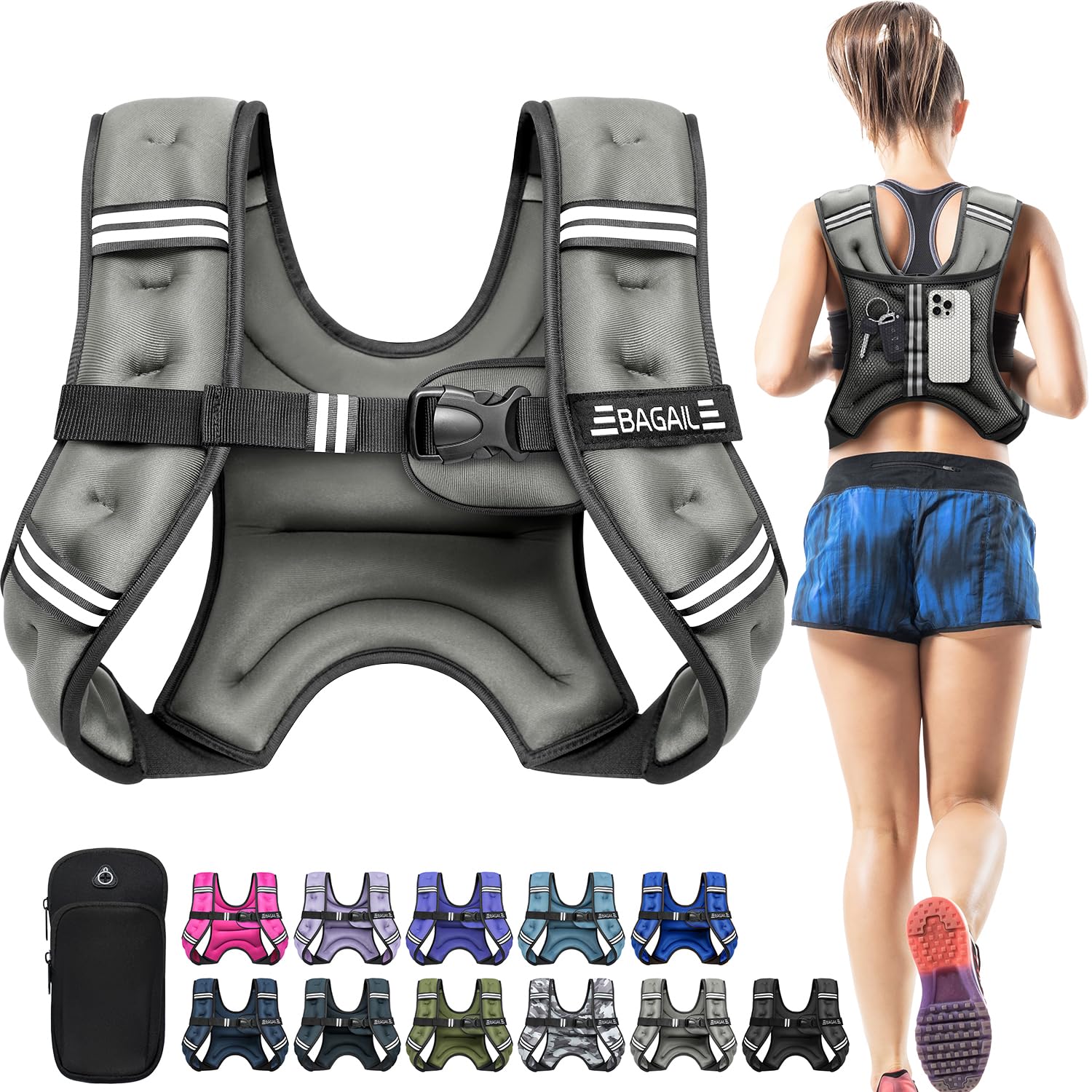 BAGAIL Weighted Vest, 5lb/8lb/10lb/12lb/15lb/20lb/25lb/30lb Weight Vest for Walking & Weight Loss, Reflective Rucking Vest with Phone Pouch for Women & Men, Home Gym & Outdoor Training Image
