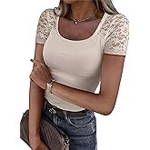 ANRABESS Womens Short Sleeve Shirts Scoop Neck Lace Going Out Tops Slim Fit Rib Knit Casual Tee 2026 Summer Fashion Outfits