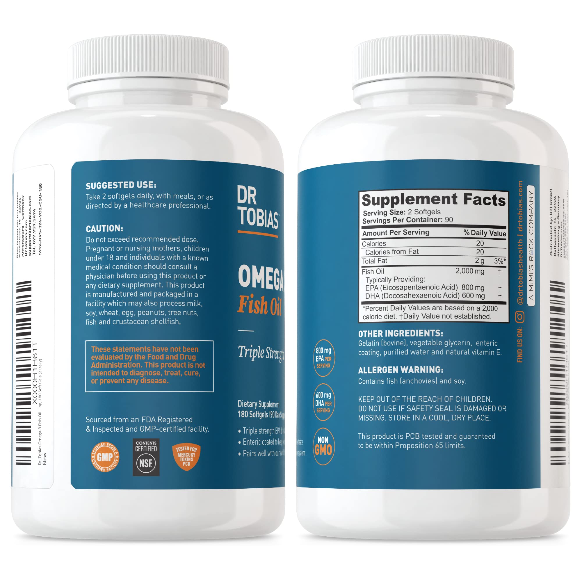 Dr. Tobias Omega 3 Fish Oil, 2000mg, and Turmeric Curcumin, 95% Curcuminoids, Promotes Overall Health with Antioxidant Support