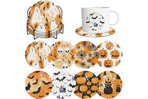 DEMONWER 8 Pieces Halloween Diamond Art Coasters with Holder DIY Halloween Diamond Dot Coasters 5d Full Drill Diamond Coasters for Adults Halloween Diamond Painting Kits Supplies for Gift
