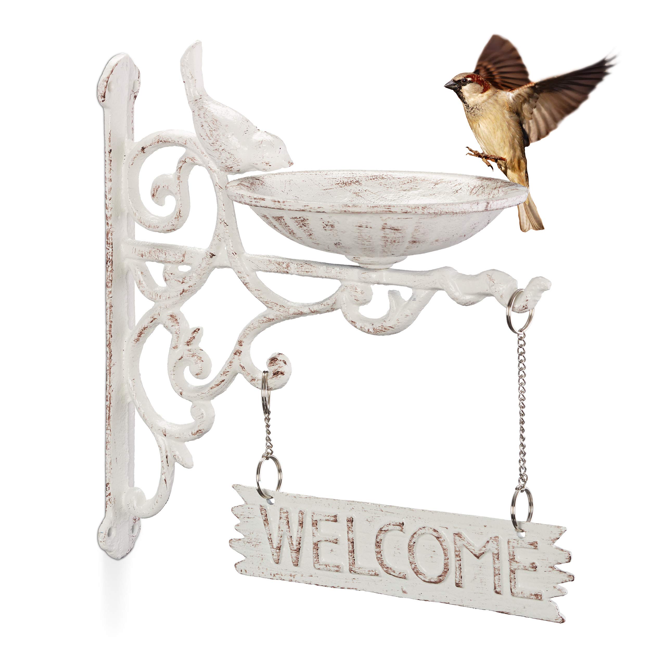 Relaxdays Bird Bath, Water Bowl, Wall Mountable, Frost-Proof, H x W x D: 25 x 22.5 x 13.5 cm, Cast-Iron, White