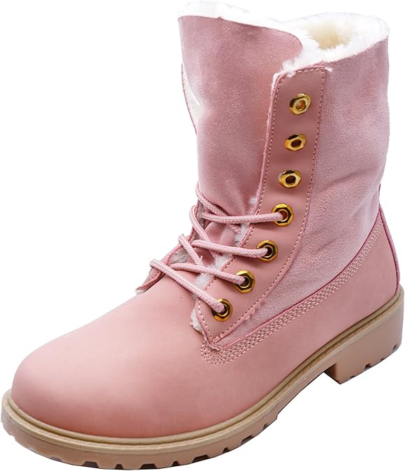 Womens Pink LaceUp Desert Warm Fleece Lined Comfy Casual Ankle Boots