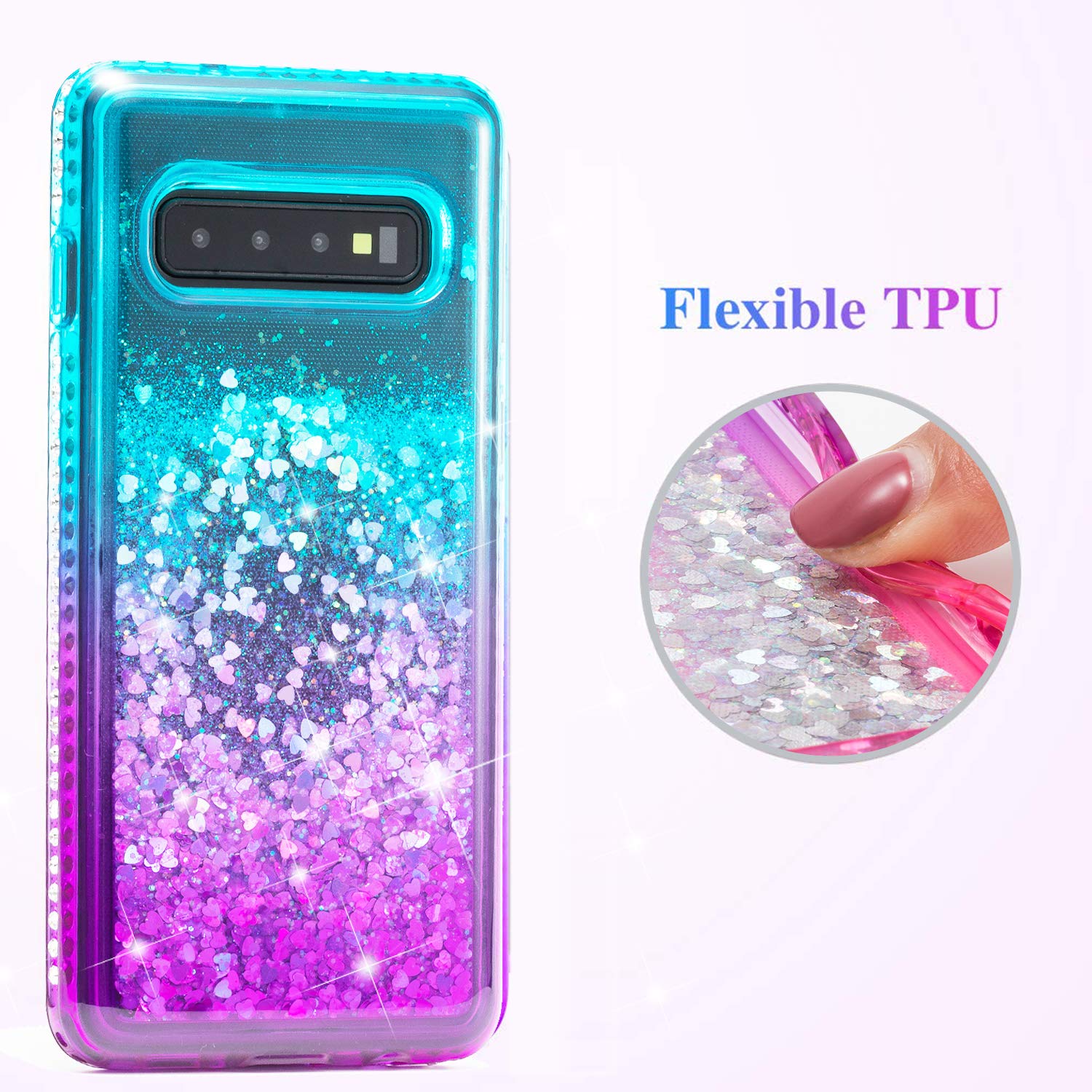 Galaxy S10 Plus Case, Luxury Floating Glitter Case Sparkle Bling Quicksand Liquid Cover Clear TPU Bumper Cushion Reinforced Corners Girls Women Cute Case for Samsung Galaxy S10 Plus, Green Purple