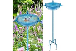 YALINKA 58In Freestanding Birdbaths Bowl Outdoor, Free Standing Garden Bird Bath Feeder Bowl with 3 Bird Statues, Birdbath & Birdfeeder with Metal Stake Garden Yard Lawn Decor (Retro Blue)