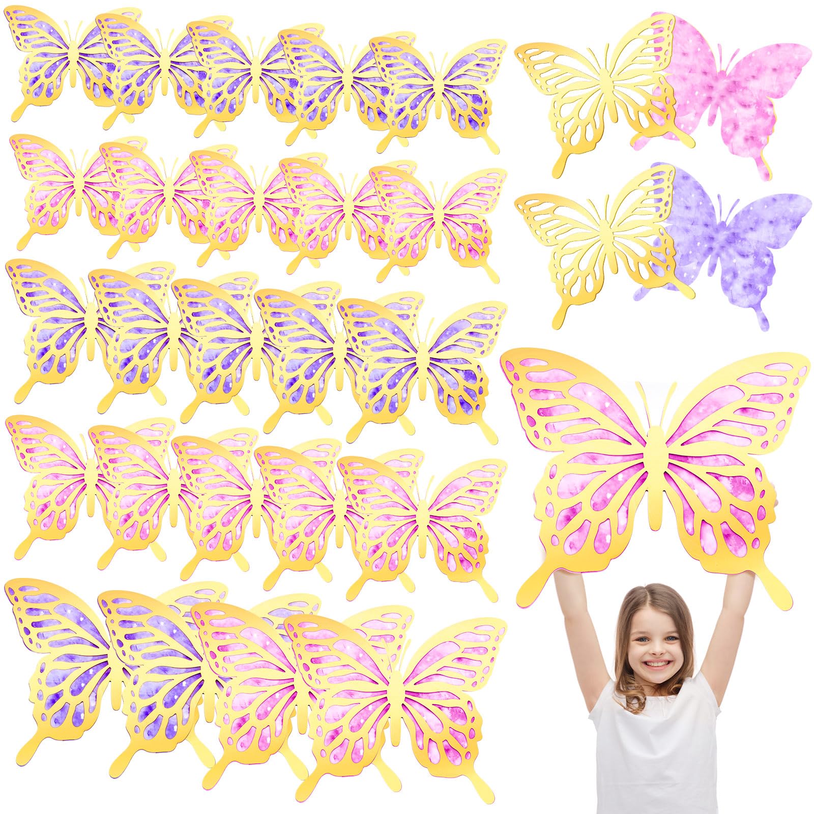 Photo 1 of Harloon 24 Pcs 3D Large Butterfly Party Decoration Giant Wall Decorations 2 Layer Paper Wall Stickers for Birthday Bedroom Wedding(Bright Butterfly,Bright Color)