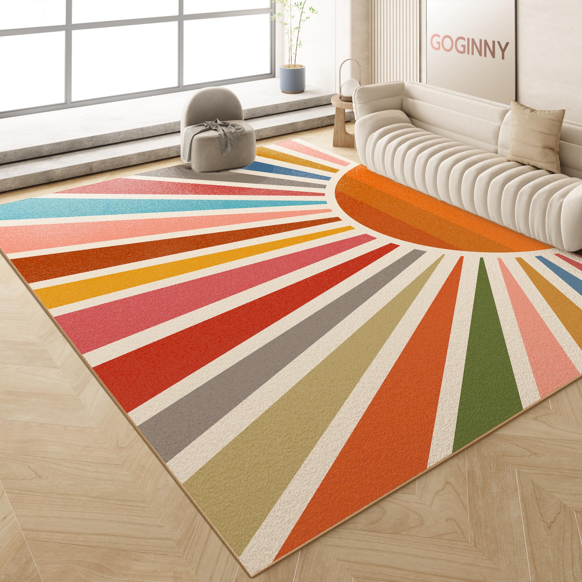 Photo 1 of Washable 5x7 Sun Area Rug for Living Room, Rainbow Sun Modern Boho Large Area Rugs, Ultra Thin Low Pile Lightweight Soft Indoor Floor Carpet with Non-Slip Backing for Bedroom Kids Nursery Play Room