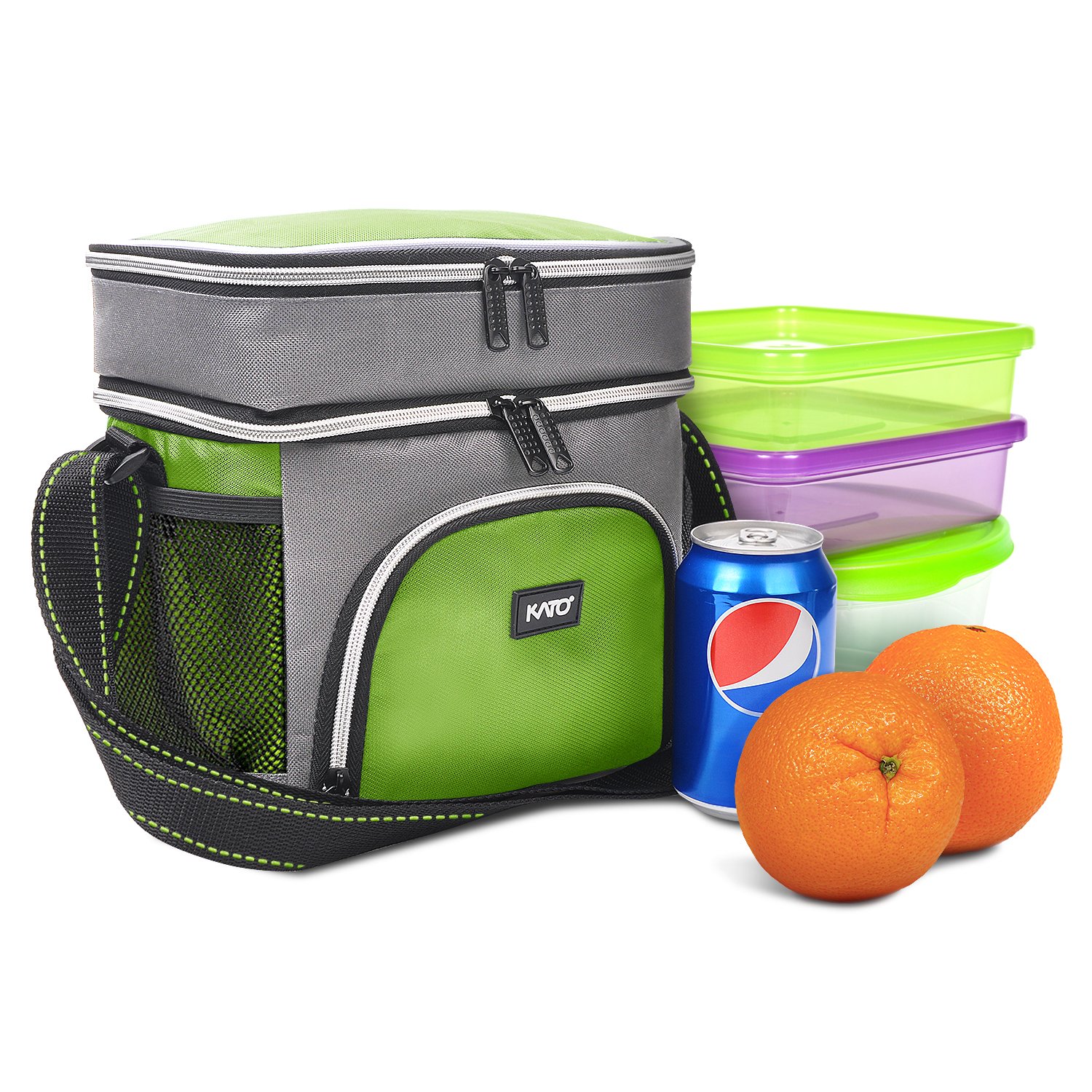 Insulated Small Lunch Bag, Leakproof Dual Compartment Thermal Cooler Reusable Lunch Tote for Men and Women by Kato, Green