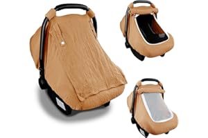 Hooyax Muslin Car Seat Covers for Babies, Summer Baby Car Seat Cover for Boys Girls with Breathable Window, Lightweight Infant Car Seat Canopy, Brown