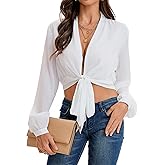 MISMI Women's Sexy Deep V Neck Long Sleeve Tie Front Knot Sexy Wrap Crop Top Blouse
