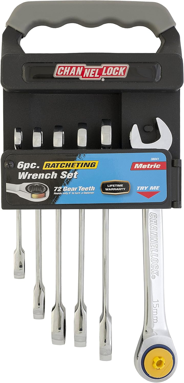 Channellock 38041 Ratcheting Wrench Set Metric On Rack, 6Piece, Silver