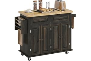 HOMCOM Kitchen Island Cart with Rubber Wood Top, Rolling Kitchen Island Table on Wheels with Drawers, Adjustable Shelves, Spi