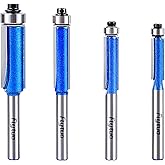 Flytuo 4PCS Flush Trim Router Bits 1/4 Shank, Professional Carbide Top Bearing Flush Trim Bit Kit, Template Guide Woodworking