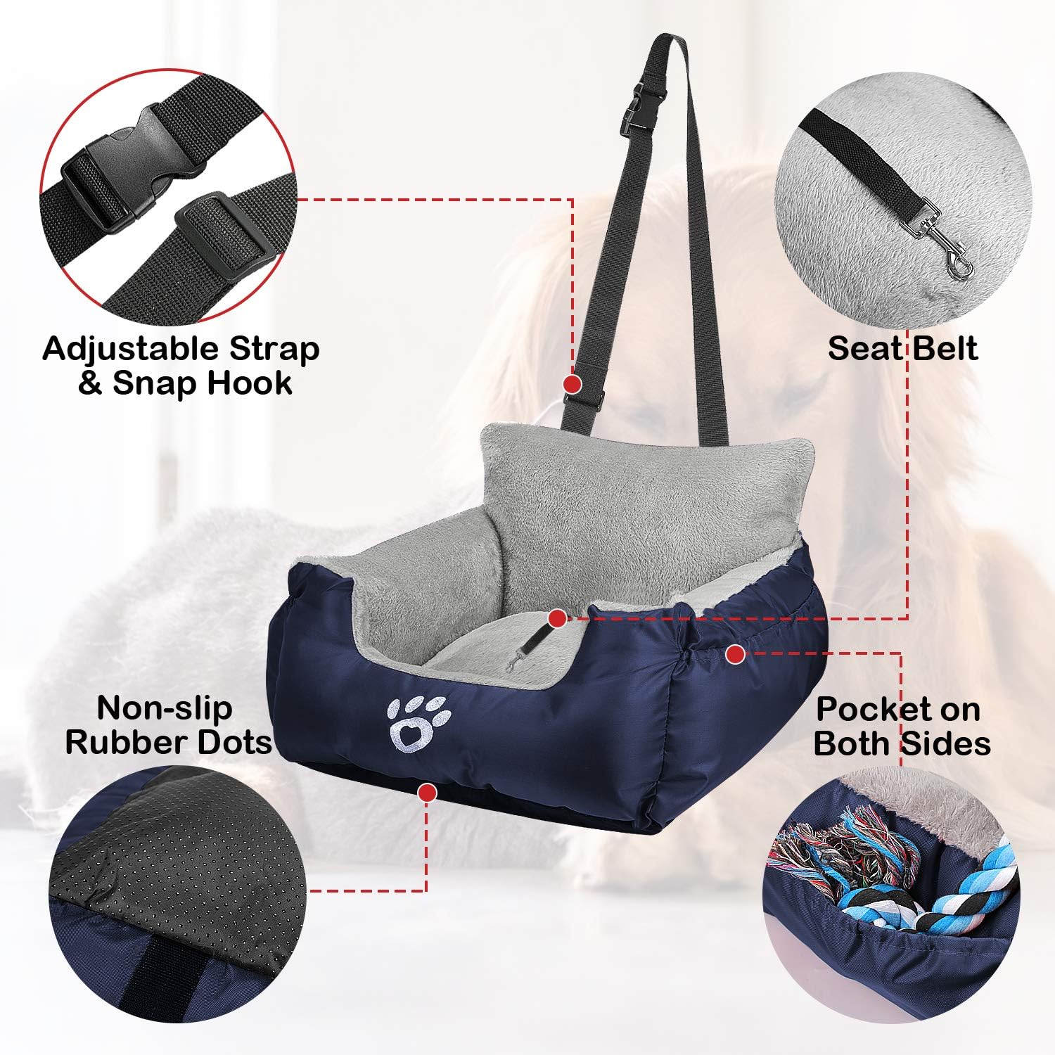 GoFirst Dog Car Seats for Small Dogs or Cats Pet Booster Seat Travel Bed with Storage Pocket and Clip-On Safety Leash - Image 5