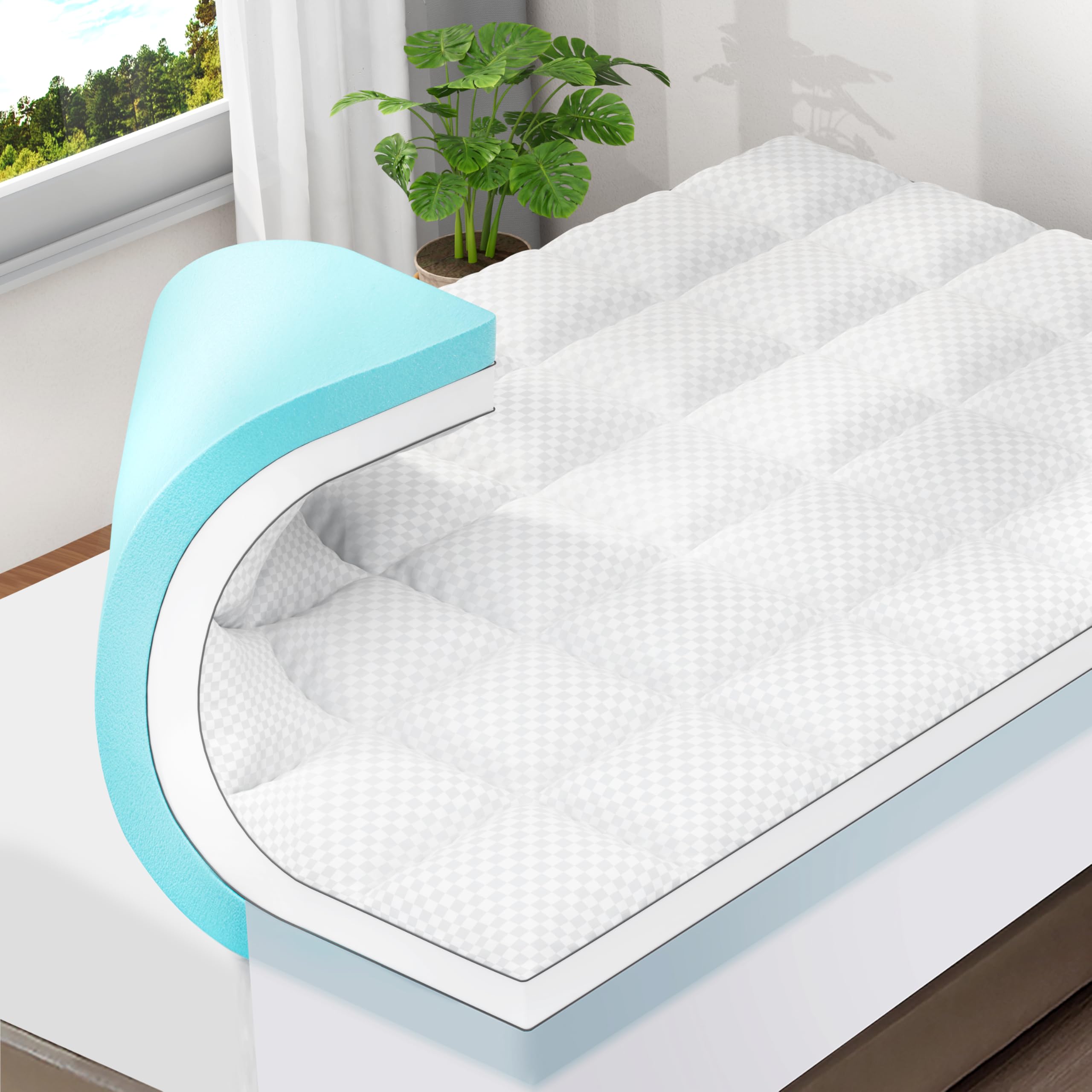 Photo 1 of OLANLY Dual-Layer 4 Inch Twin XL Size Memory Foam Mattress Topper for College Dorm Room Essentials, 2 Inch Gel Memory Foam Topper, 2 Inch Cooling Pillow Top Mattress Pad Cover, White
