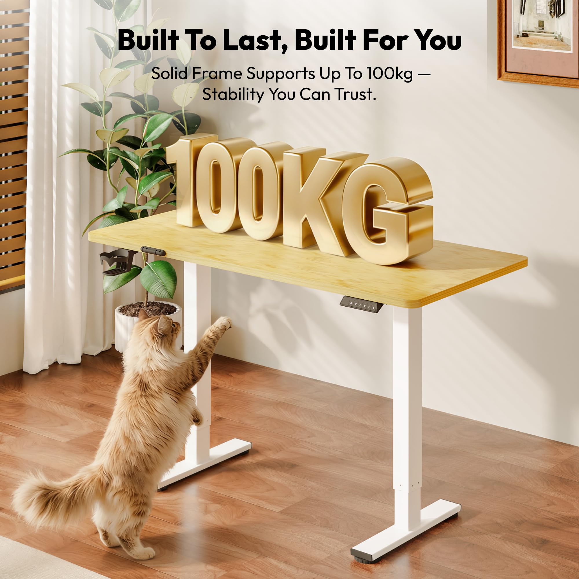 SANODESK Höhenverstellbarer Schreibtisch 110×54 cm – Kompakter Standing Desk mit praktischem Zubehör, ideal für kleine Räume, leise & sicher mit Anti-Kollisions-Schutz(ahorn) 4